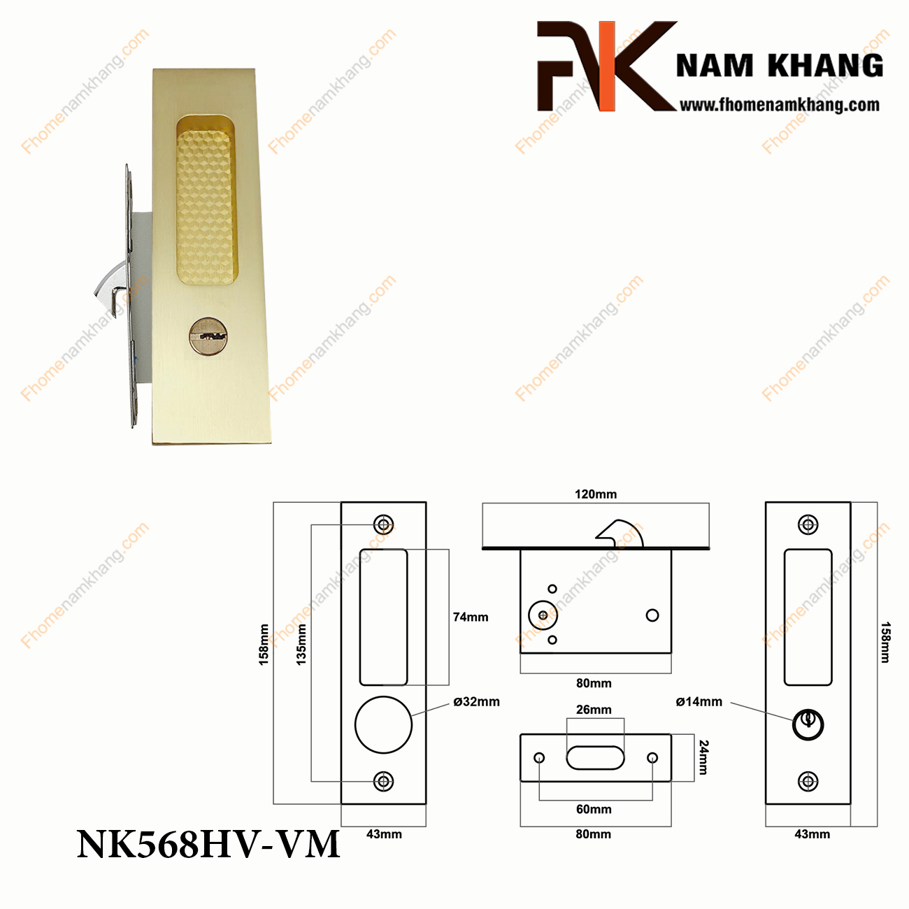 Khóa âm cửa lùa màu vàng mờ NK568HV-VM Khóa cửa lùa màu vàng mờ NK568H-VM FHOMENAMKHANG